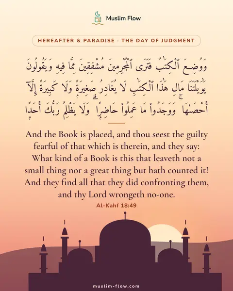 Al-Kahf 18:49: And the Book is placed, and thou seest the guilty fearful of that which is therein, and they say…