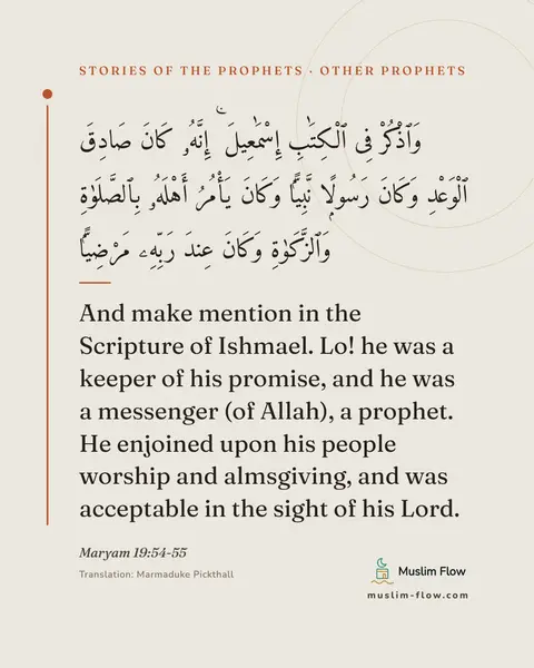 Maryam 19:54-55: And make mention in the Scripture of Ishmael. Lo! he was a keeper of his promise, and he was a…