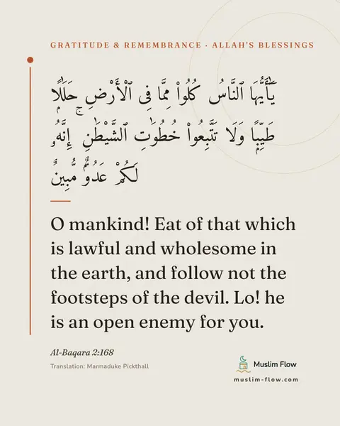 Al-Baqara 2:168: O mankind! Eat of that which is lawful and wholesome in the earth, and follow not the footsteps of…