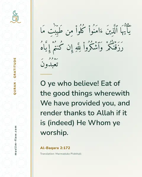 Al-Baqara 2:172: O ye who believe! Eat of the good things wherewith We have provided you, and render thanks to Allah…