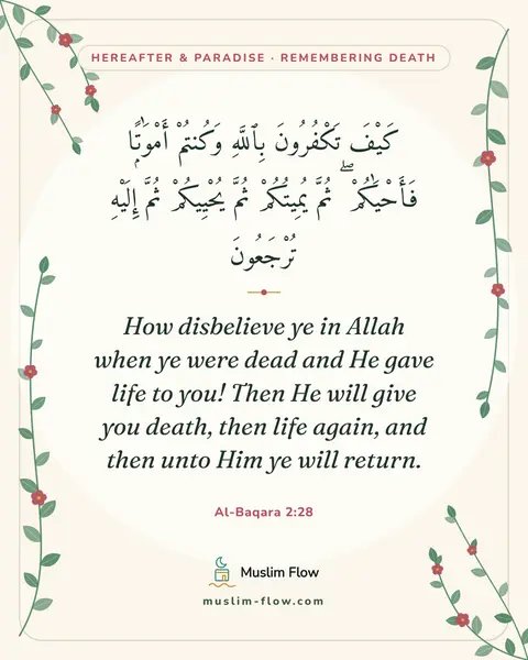 Al-Baqara 2:28: How disbelieve ye in Allah when ye were dead and He gave life to you! Then He will give you death…
