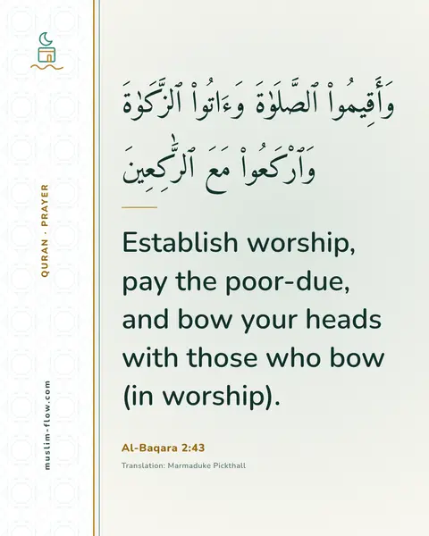 Al-Baqara 2:43: Establish worship, pay the poor-due, and bow your heads with those who bow (in worship).