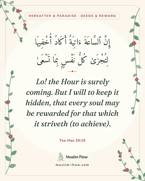 Taa-Haa 20:15: Lo! the Hour is surely coming. But I will to keep it hidden, that every soul may be rewarded for…
