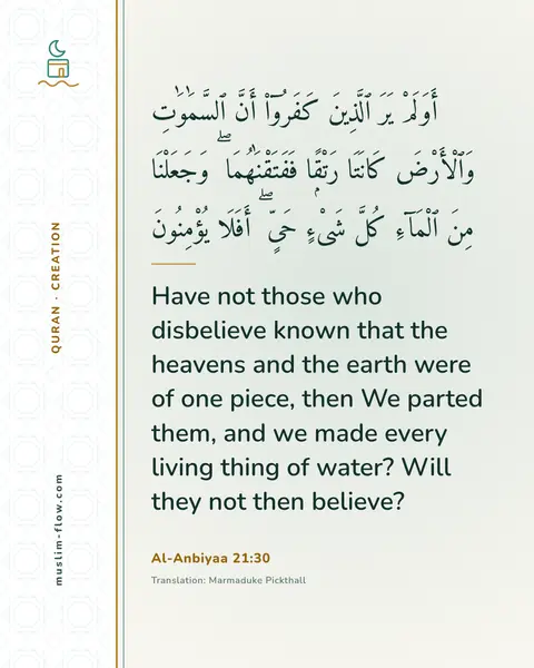 Al-Anbiyaa 21:30: Have not those who disbelieve known that the heavens and the earth were of one piece, then We…