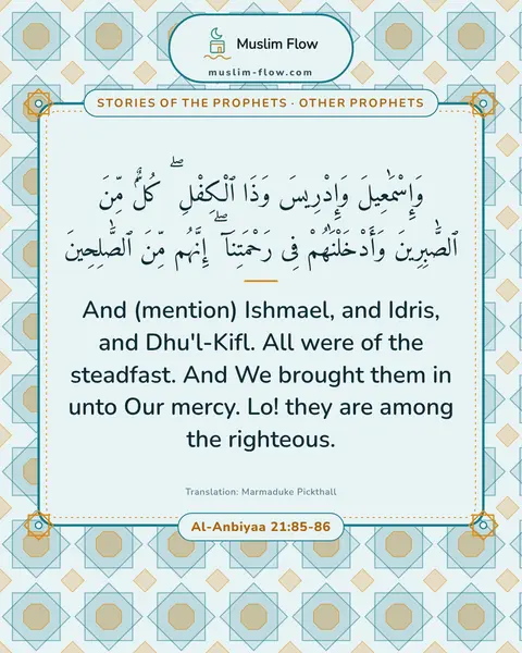 Al-Anbiyaa 21:85-86: And (mention) Ishmael, and Idris, and Dhu'l-Kifl. All were of the steadfast. And We brought them in…
