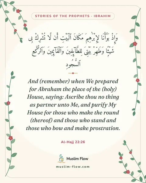 Al-Hajj 22:26: And (remember) when We prepared for Abraham the place of the (holy) House, saying: Ascribe thou no…