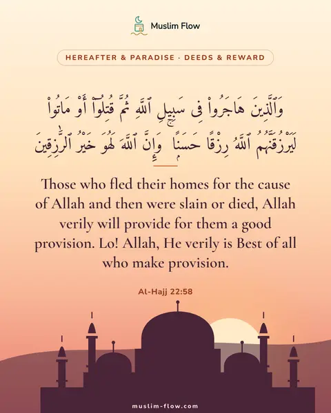 Al-Hajj 22:58: Those who fled their homes for the cause of Allah and then were slain or died, Allah verily will…