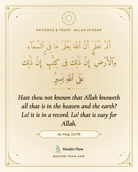 Al-Hajj 22:70: Hast thou not known that Allah knoweth all that is in the heaven and the earth? Lo! it is in a…