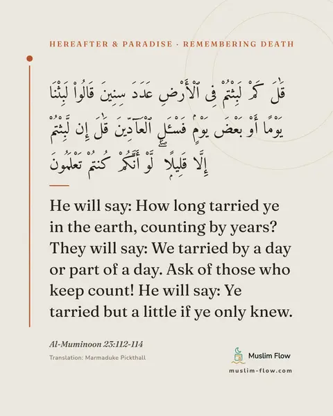 Al-Muminoon 23:112-114: He will say: How long tarried ye in the earth, counting by years? They will say: We tarried by a…