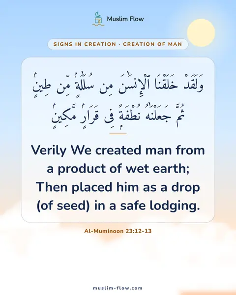 Al-Muminoon 23:12-13: Verily We created man from a product of wet earth; Then placed him as a drop (of seed) in a safe…