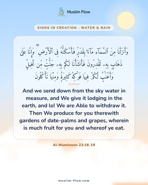 Al-Muminoon 23:18-19: And we send down from the sky water in measure, and We give it lodging in the earth, and lo! We are…