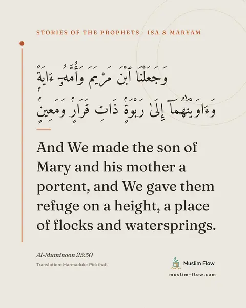 Al-Muminoon 23:50: And We made the son of Mary and his mother a portent, and We gave them refuge on a height, a place…