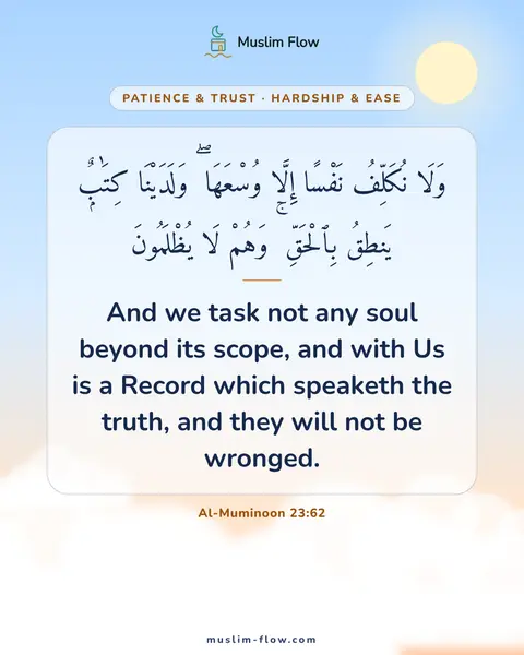 Al-Muminoon 23:62: And we task not any soul beyond its scope, and with Us is a Record which speaketh the truth, and…