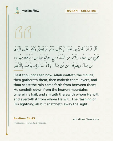 An-Noor 24:43: Hast thou not seen how Allah wafteth the clouds, then gathereth them, then maketh them layers, and…
