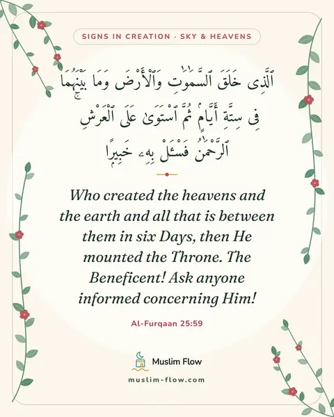 Al-Furqaan 25:59: Who created the heavens and the earth and all that is between them in six Days, then He mounted the…