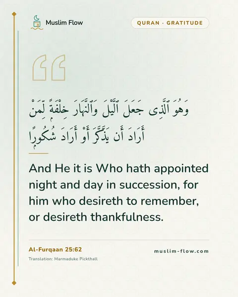 Al-Furqaan 25:62: And He it is Who hath appointed night and day in succession, for him who desireth to remember, or…