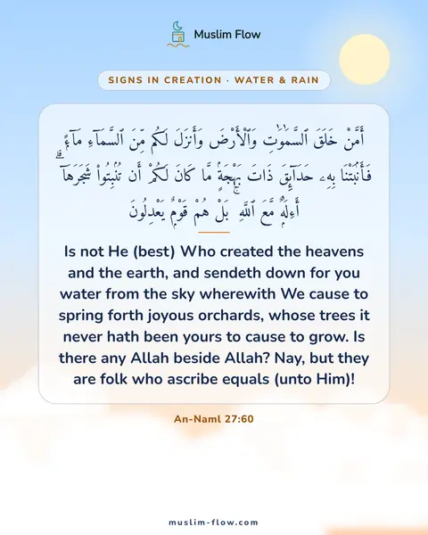 An-Naml 27:60: Is not He (best) Who created the heavens and the earth, and sendeth down for you water from the sky…