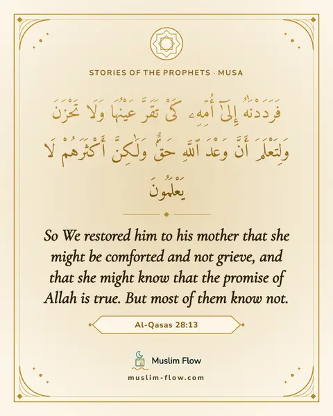 Al-Qasas 28:13: So We restored him to his mother that she might be comforted and not grieve, and that she might…
