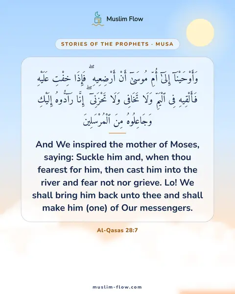 Al-Qasas 28:7: And We inspired the mother of Moses, saying: Suckle him and, when thou fearest for him, then cast…