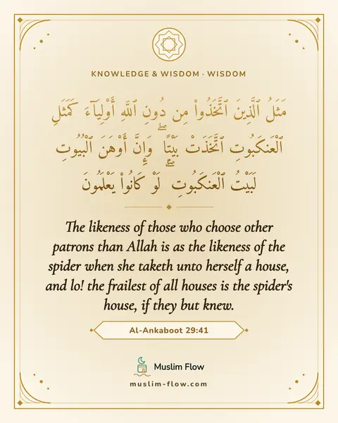 Al-Ankaboot 29:41: The likeness of those who choose other patrons than Allah is as the likeness of the spider when she…