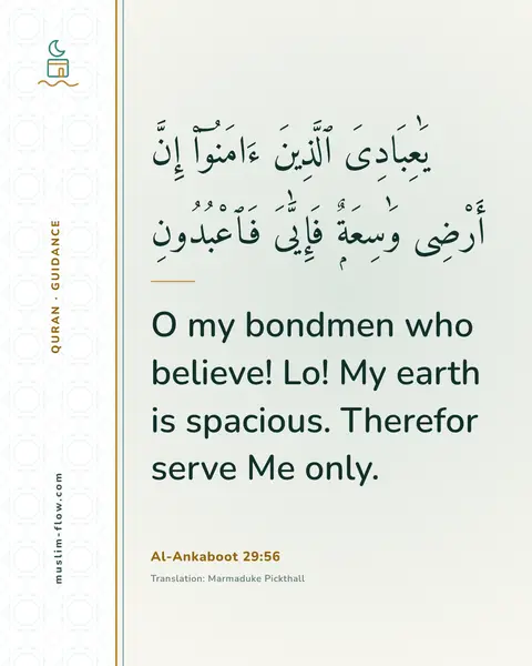 Al-Ankaboot 29:56: O my bondmen who believe! Lo! My earth is spacious. Therefor serve Me only.