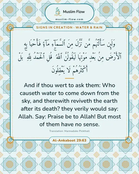 Al-Ankaboot 29:63: And if thou wert to ask them: Who causeth water to come down from the sky, and therewith reviveth…