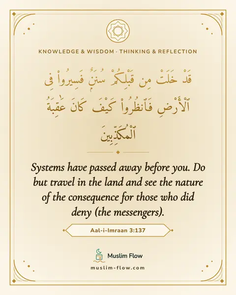 Aal-i-Imraan 3:137: Systems have passed away before you. Do but travel in the land and see the nature of the…