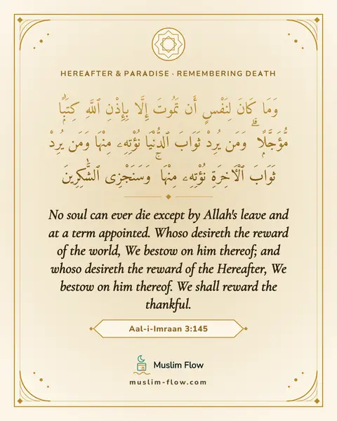 Aal-i-Imraan 3:145: No soul can ever die except by Allah's leave and at a term appointed. Whoso desireth the reward of…