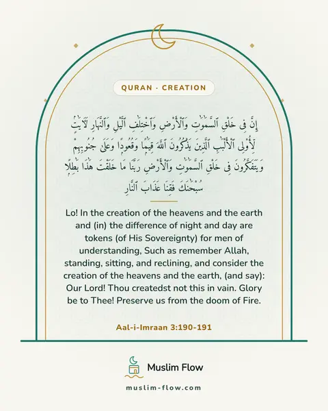 Aal-i-Imraan 3:190-191: Lo! In the creation of the heavens and the earth and (in) the difference of night and day are…