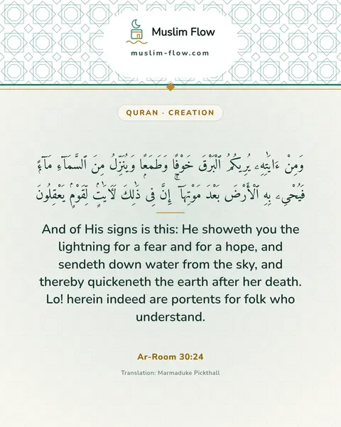 Ar-Room 30:24: And of His signs is this: He showeth you the lightning for a fear and for a hope, and sendeth down…