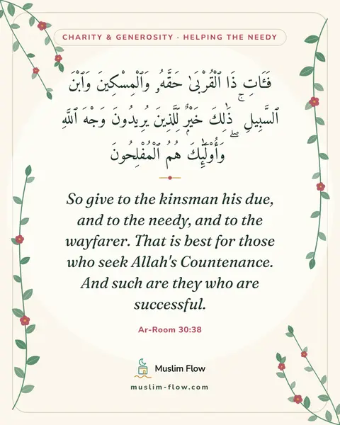 Ar-Room 30:38: So give to the kinsman his due, and to the needy, and to the wayfarer. That is best for those who…