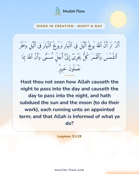 Luqman 31:29: Hast thou not seen how Allah causeth the night to pass into the day and causeth the day to pass…