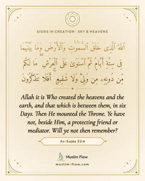 As-Sajda 32:4: Allah it is Who created the heavens and the earth, and that which is between them, in six Days…