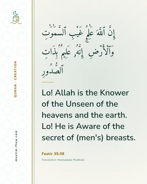 Faatir 35:38: Lo! Allah is the Knower of the Unseen of the heavens and the earth. Lo! He is Aware of the secret…
