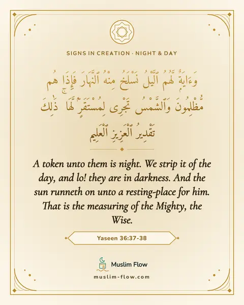 Yaseen 36:37-38: A token unto them is night. We strip it of the day, and lo! they are in darkness. And the sun…