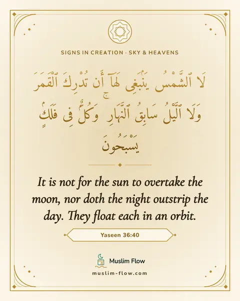 Yaseen 36:40: It is not for the sun to overtake the moon, nor doth the night outstrip the day. They float each in…