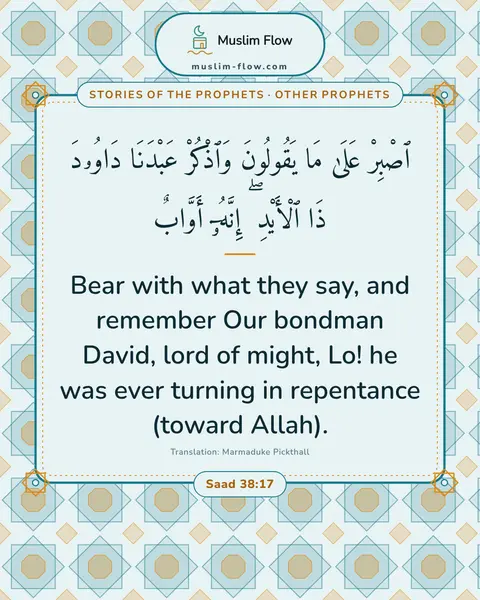 Saad 38:17: Bear with what they say, and remember Our bondman David, lord of might, Lo! he was ever turning in…