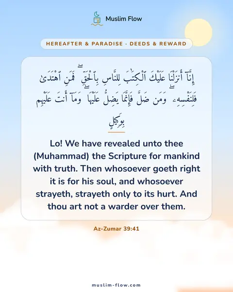 Az-Zumar 39:41: Lo! We have revealed unto thee (Muhammad) the Scripture for mankind with truth. Then whosoever…
