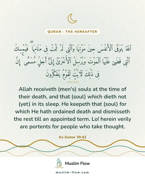 Az-Zumar 39:42: Allah receiveth (men's) souls at the time of their death, and that (soul) which dieth not (yet) in…