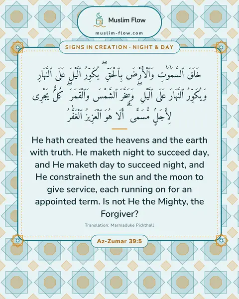 Az-Zumar 39:5: He hath created the heavens and the earth with truth. He maketh night to succeed day, and He maketh…
