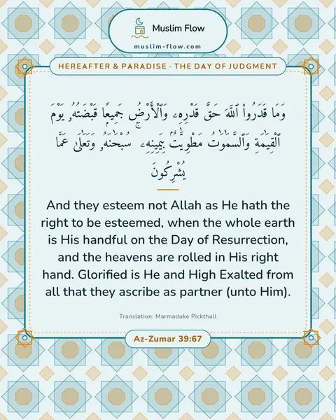 Az-Zumar 39:67: And they esteem not Allah as He hath the right to be esteemed, when the whole earth is His handful…