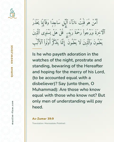 Az-Zumar 39:9: Is he who payeth adoration in the watches of the night, prostrate and standing, bewaring of the…