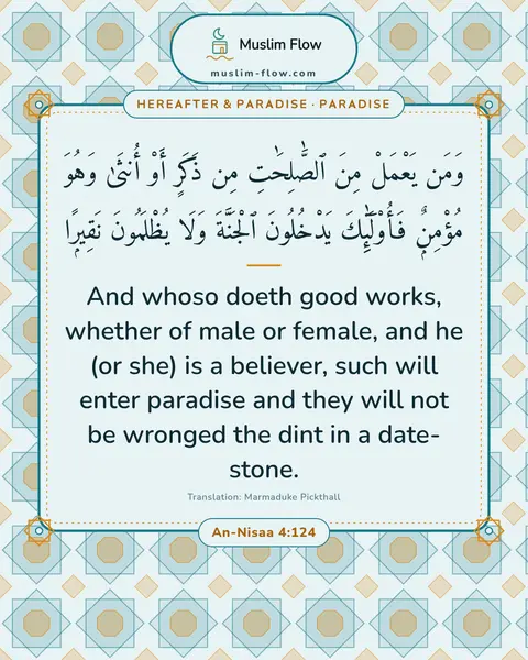 An-Nisaa 4:124: And whoso doeth good works, whether of male or female, and he (or she) is a believer, such will…