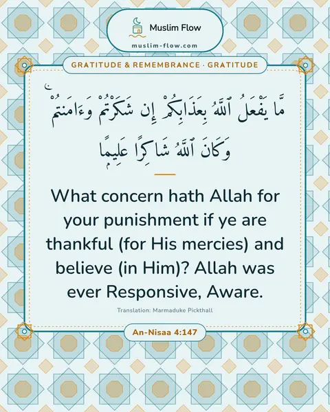 An-Nisaa 4:147: What concern hath Allah for your punishment if ye are thankful (for His mercies) and believe (in…