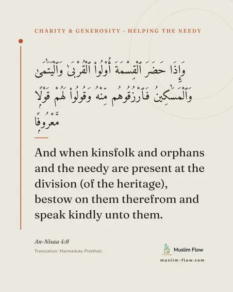 An-Nisaa 4:8: And when kinsfolk and orphans and the needy are present at the division (of the heritage), bestow…