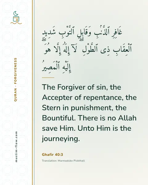 Ghafir 40:3: The Forgiver of sin, the Accepter of repentance, the Stern in punishment, the Bountiful. There is…