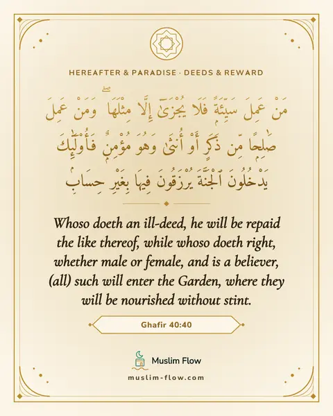 Ghafir 40:40: Whoso doeth an ill-deed, he will be repaid the like thereof, while whoso doeth right, whether male…