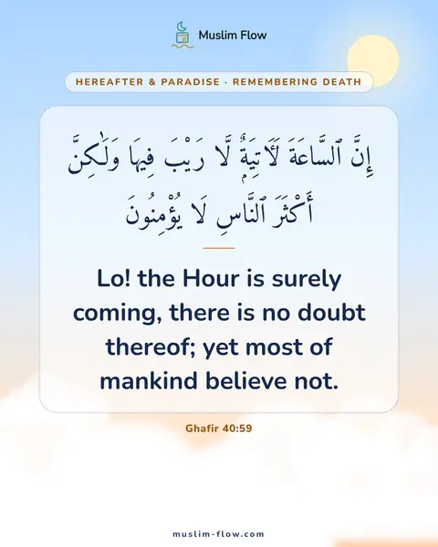 Ghafir 40:59: Lo! the Hour is surely coming, there is no doubt thereof; yet most of mankind believe not.