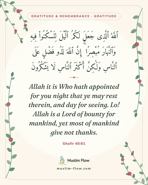 Ghafir 40:61: Allah it is Who hath appointed for you night that ye may rest therein, and day for seeing. Lo!…
