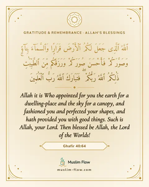 Ghafir 40:64: Allah it is Who appointed for you the earth for a dwelling-place and the sky for a canopy, and…